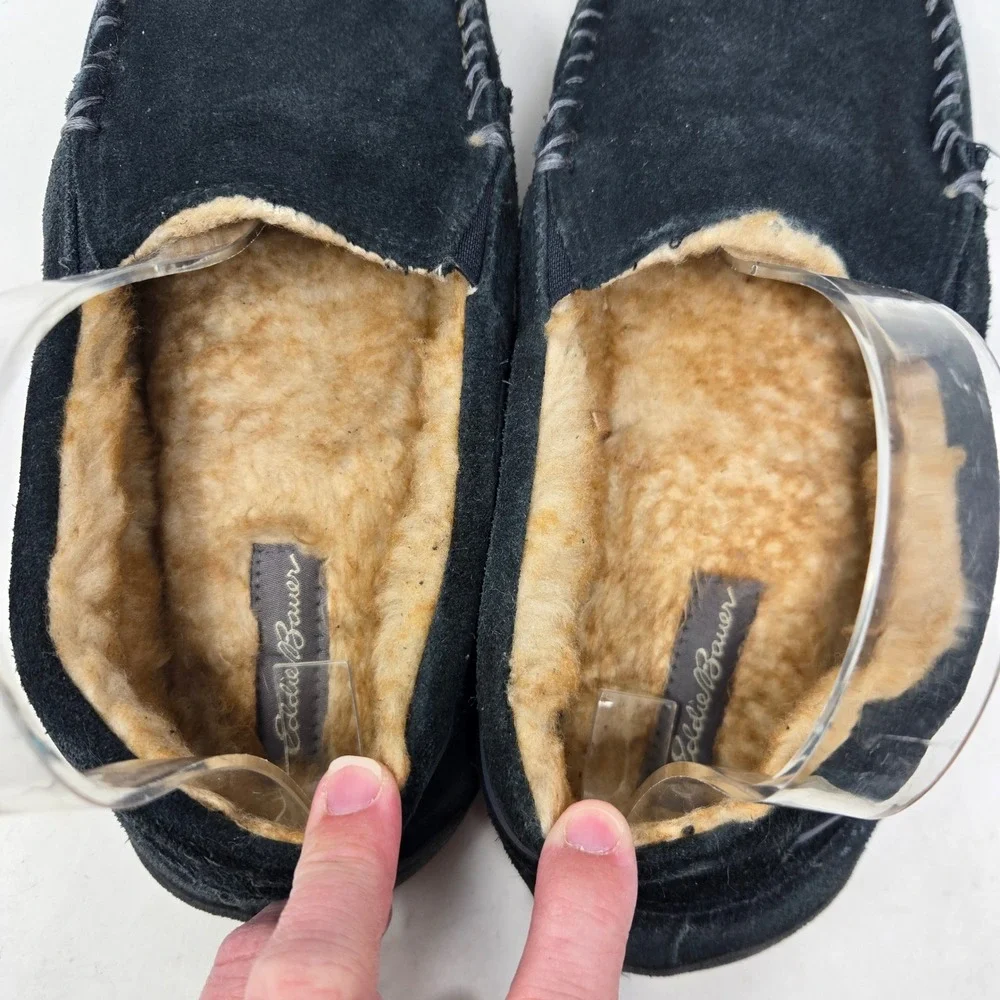 Eddie Bauer Westhaven Mens Suede Moccasin Slippers Black Faux Fur Lined XL 11-12